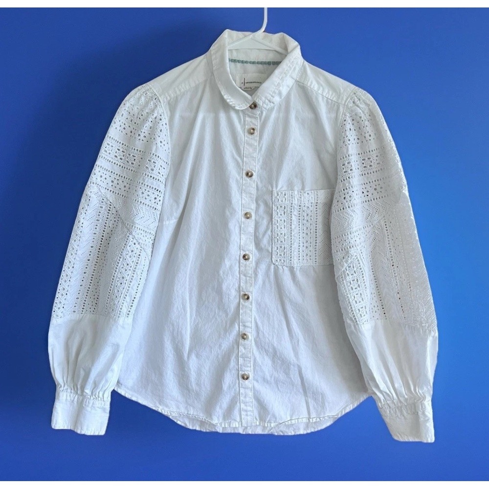 Anthropologie White Eyelet Lace Country Peasant Puff Sleeve Shirt Blouse 12